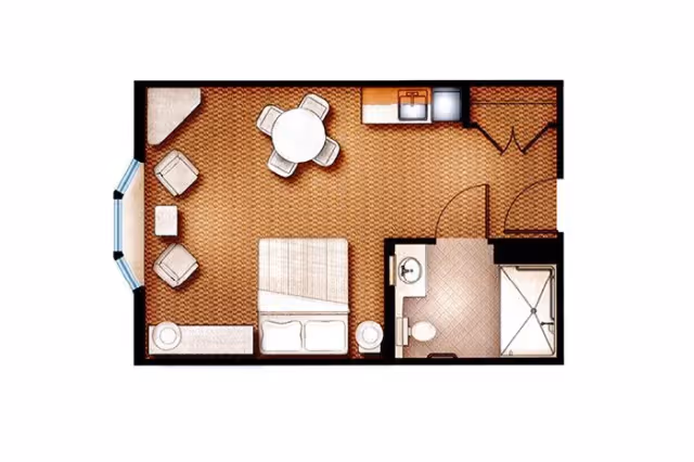 Floor plan of a small assisted living unit featuring a bedroom area with a bed, two chairs, a small round dining table with four chairs, a kitchenette with a sink and stove, and a bathroom with a toilet, sink, and shower.
