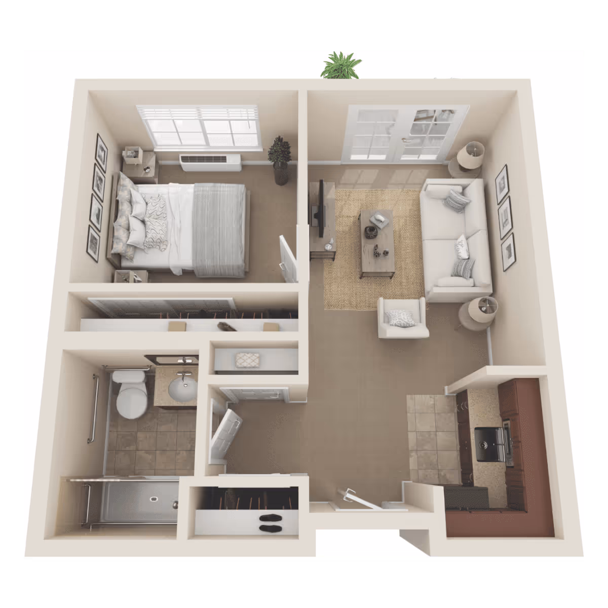 Top-down 3D floor plan rendering of a one-bedroom apartment showing a bedroom, living room, kitchen, bathroom, and closets.