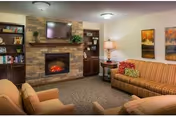 A cozy living room with a stone fireplace and electric fire, a wall-mounted TV above the fireplace, built-in bookshelves on either side, a striped sofa with colorful cushions, two beige armchairs, a side table with a lamp, and two framed paintings on the wall.