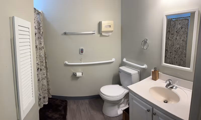 A clean and accessible bathroom featuring a white toilet with grab bars on the walls around it, a white sink with a faucet and soap dispenser on the right, a mirror above the sink, a towel ring on the wall, and a shower area with a floral-patterned curtain on the left side.