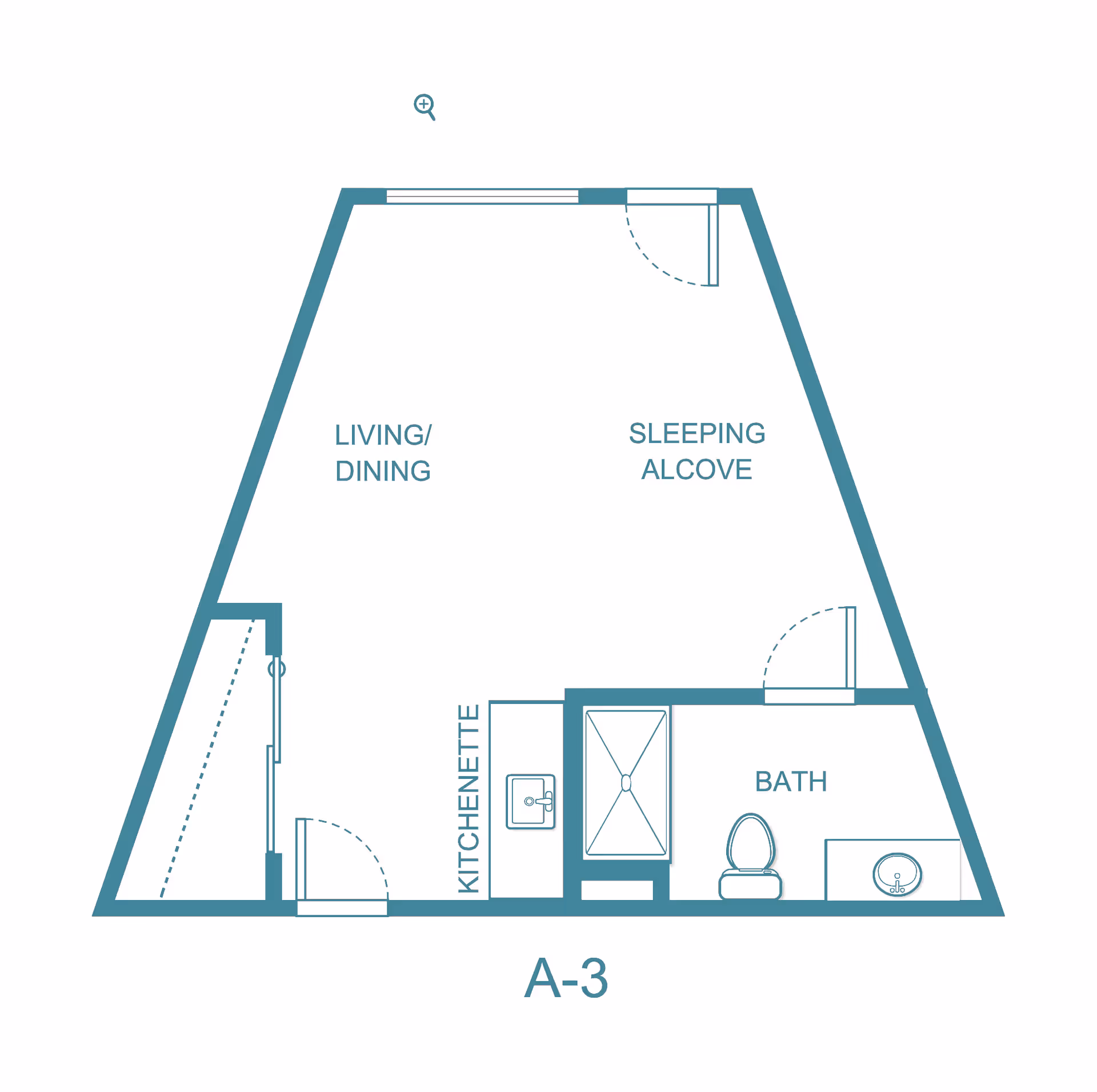 Teal-and-white floor plan labeled A-3 showing a living/dining area, sleeping alcove, kitchenette and a bathroom.