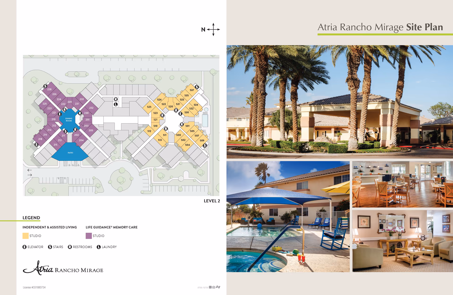Atria Rancho Mirage site plan showing the layout of independent & assisted living and memory care areas, with a legend for studio, elevator, stairs, restrooms, and laundry. The right side features four photos: the building exterior with palm trees, an outdoor pool area with shaded seating, a dining room with tables and chairs, and a living room with sofas and framed pictures on the wall.
