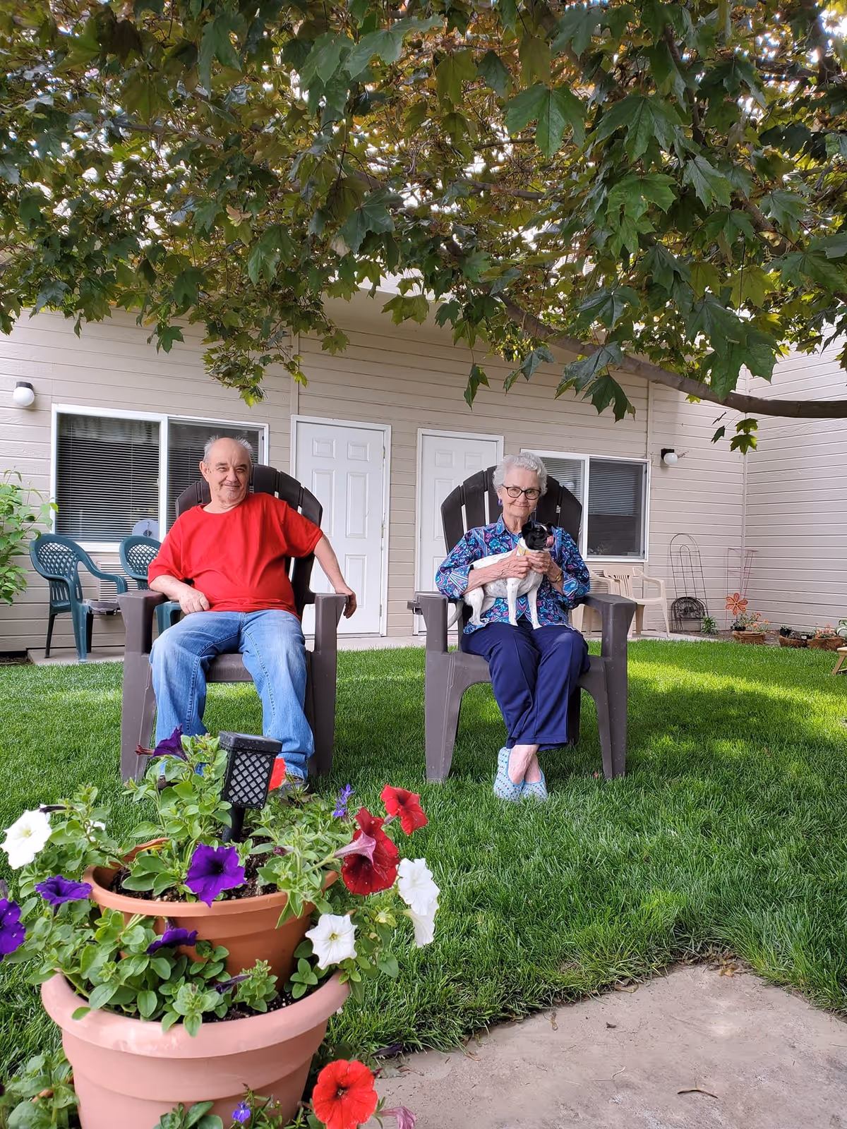 Two elderly people sitting on brown plastic chairs on a grassy lawn outside a beige building. One person is wearing a red shirt and blue jeans, and the other is wearing a blue patterned shirt and dark pants, holding a small black and white dog. There are colorful flowers in pots in the foreground and a tree with green leaves providing shade above them.