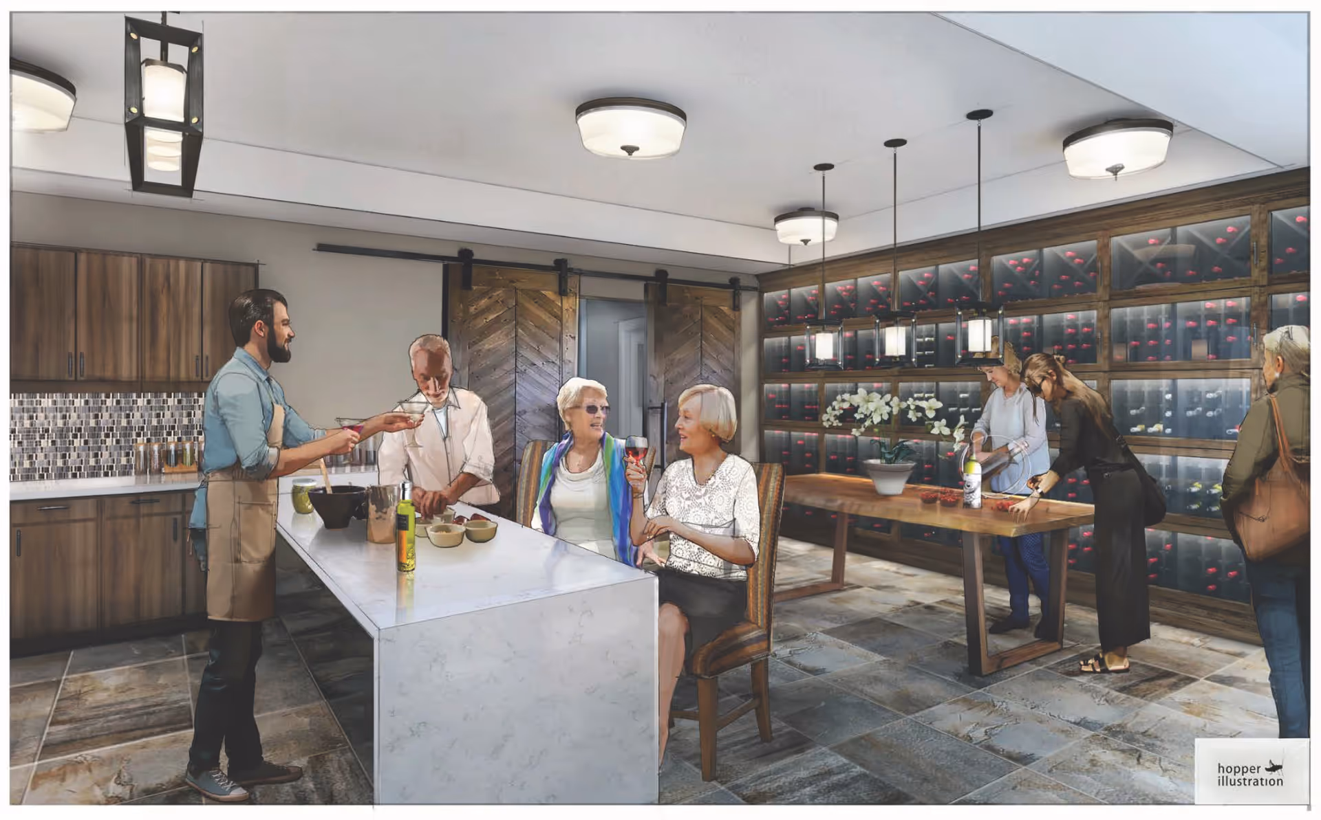 People gathered in a modern communal kitchen and wine-tasting room with a marble island, wooden cabinets, and floor-to-ceiling wine racks.