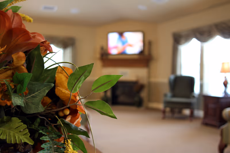 A cozy living room with a fireplace and a mounted television above it. There are large windows with curtains allowing natural light to fill the room. A comfortable armchair and a side table with a lamp are visible. In the foreground, there is a decorative arrangement of green and orange leaves and flowers.