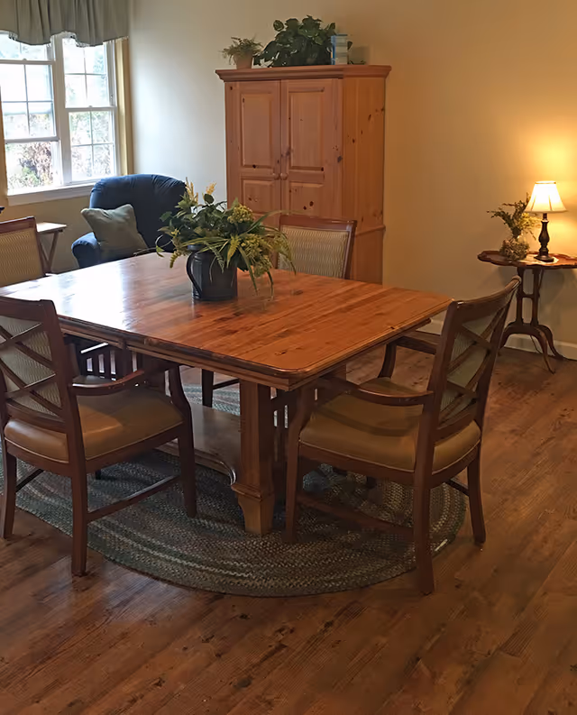 A cozy dining area with a wooden table surrounded by four cushioned chairs on a braided rug. A potted plant centerpiece sits on the table. In the background, there is a wooden cabinet with plants on top, a blue armchair near a window with curtains, and a small round side table with a lamp and a small plant.