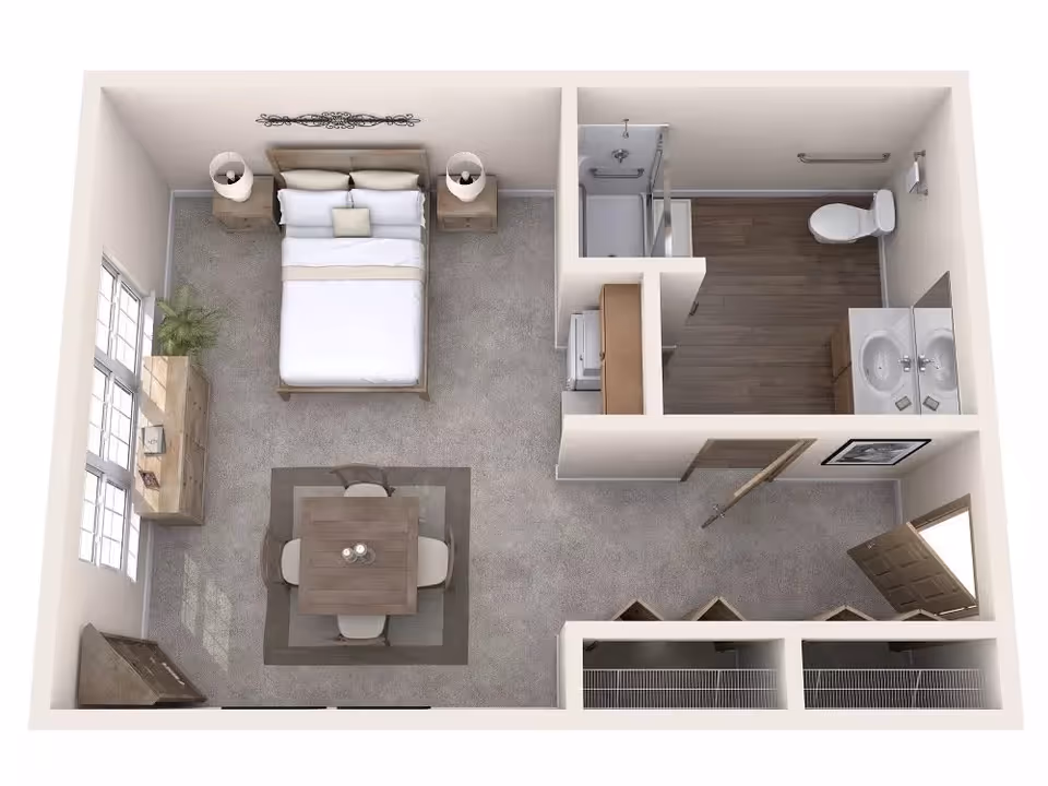 3D floor plan of a senior living studio apartment featuring a bedroom area with a bed, two nightstands with lamps, a dresser, and a small dining table with four chairs. The apartment includes a bathroom with a shower, toilet, and double sink vanity. There are two closets near the entrance door.