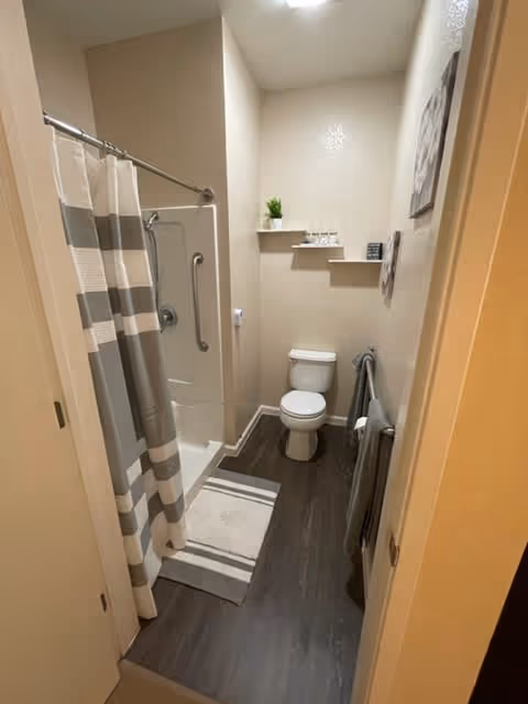 A small bathroom with a shower area on the left featuring a striped shower curtain. There is a white toilet against the back wall with two floating shelves above it holding a small plant and some decorative items. A towel rack with gray towels is mounted on the right wall. The floor is dark wood, and a light-colored bath mat is placed in front of the shower.