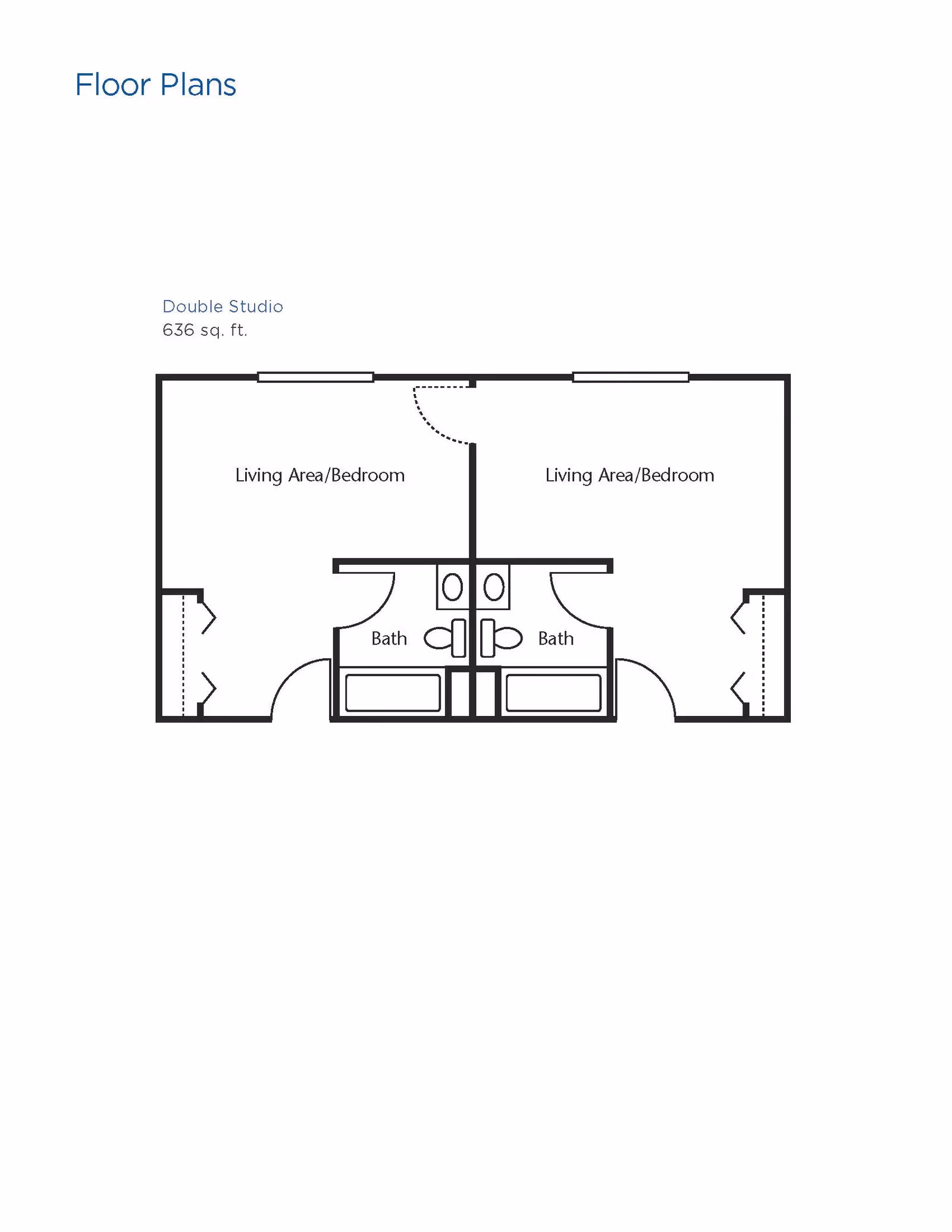 Floor plan of a double studio apartment with 636 square feet, showing two living area/bedrooms separated by a wall, each with its own bathroom and closet space.
