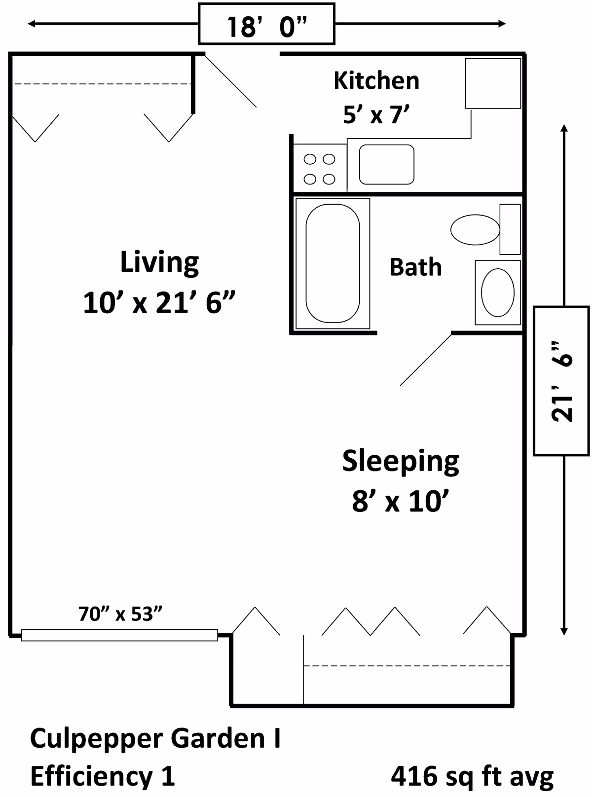 Floor plan of an efficiency apartment at Culpepper Garden showing a living area measuring 10 feet by 21 feet 6 inches, a sleeping area measuring 8 feet by 10 feet, a kitchen measuring 5 feet by 7 feet, and a bathroom. The total area is 416 square feet on average.