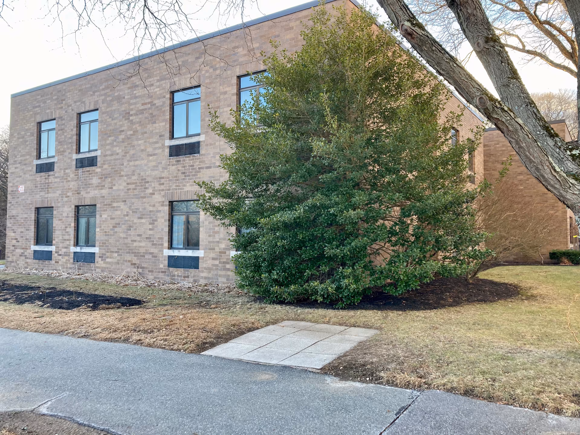Exterior view of a two-story brick building with several windows, surrounded by grass, a large green bush, and a tree with bare branches. A paved walkway leads up to the building.