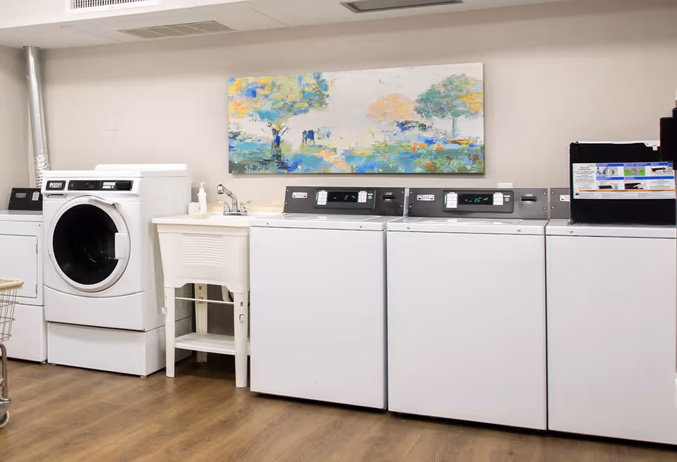 Laundry room with multiple white washing machines and dryers lined up against a beige wall. There is a white utility sink with a faucet between the machines. Above the sink, a colorful abstract painting depicting trees is hung on the wall. The floor is wooden.