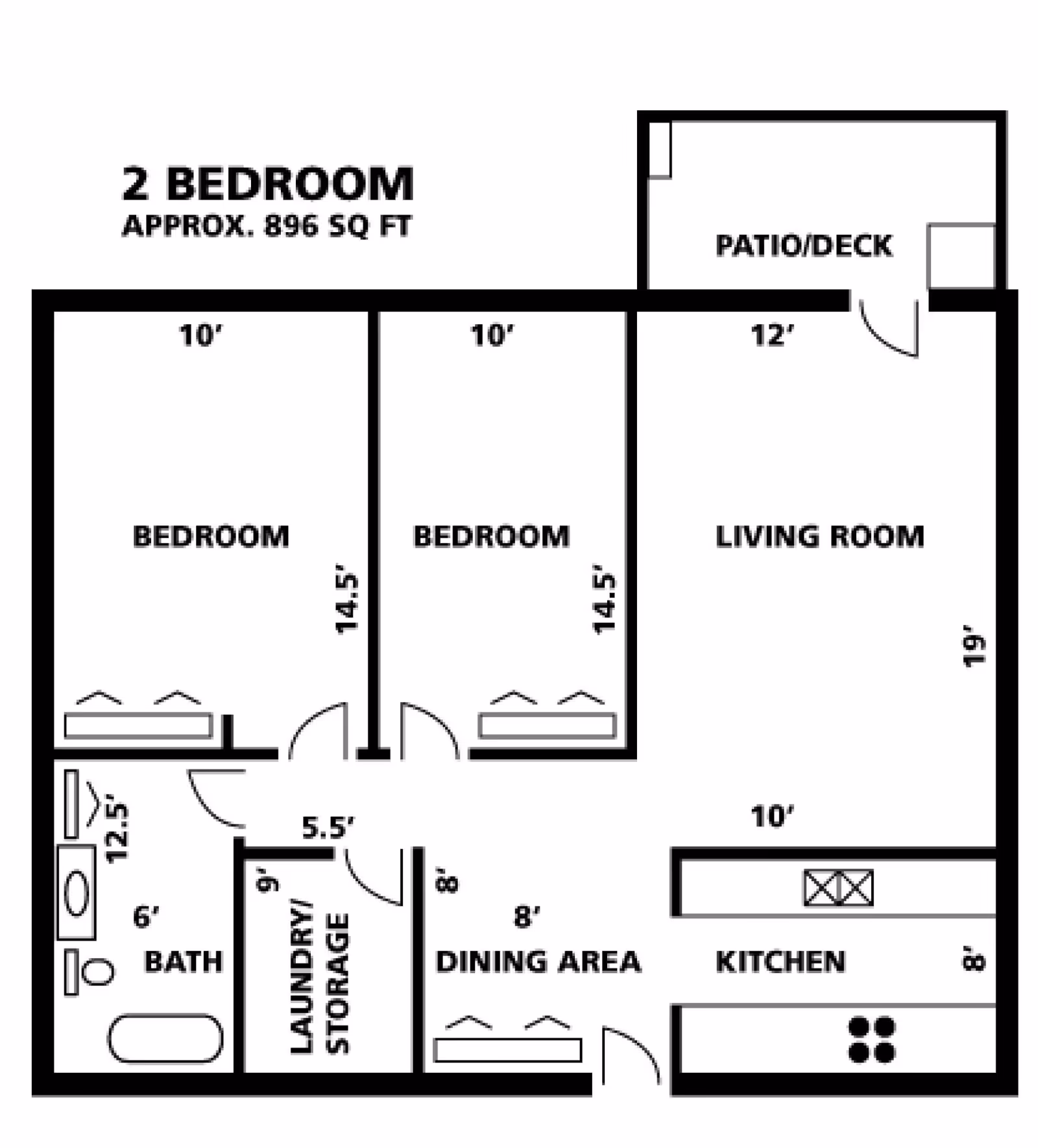 Floor plan of a 2 bedroom apartment approximately 896 square feet, showing two bedrooms each 10 by 14.5 feet, a living room 12 by 19 feet with a patio/deck, a kitchen 10 by 8 feet, a dining area 8 by 8 feet, a bathroom 6 by 12.5 feet, and a laundry/storage area 5.5 by 9 feet.