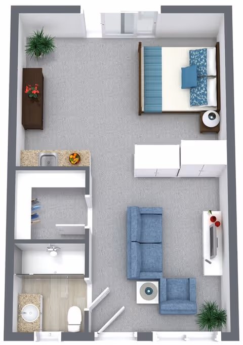 Top-down floor plan of a small studio apartment featuring a bedroom area with a bed and nightstand, a living area with a sofa, armchair, coffee table, and TV, a kitchenette with a sink and countertop, a walk-in closet, and a bathroom with a sink, toilet, and shower.