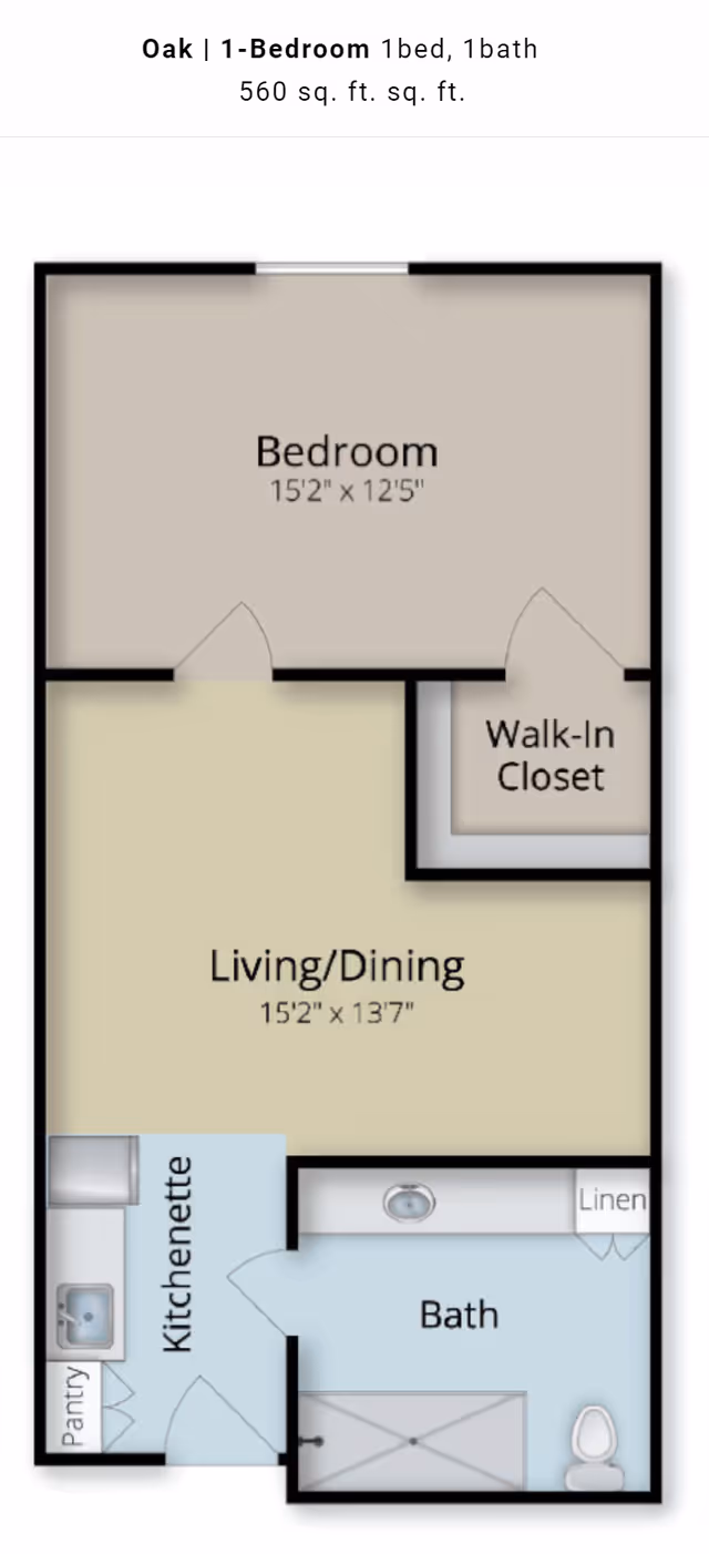 Floor plan of a one-bedroom, one-bath apartment named Oak with 560 square feet. The layout includes a bedroom measuring 15 feet 2 inches by 12 feet 5 inches, a living/dining area measuring 15 feet 2 inches by 13 feet 7 inches, a walk-in closet adjacent to the bedroom, a kitchenette with pantry, and a bathroom with a linen closet.