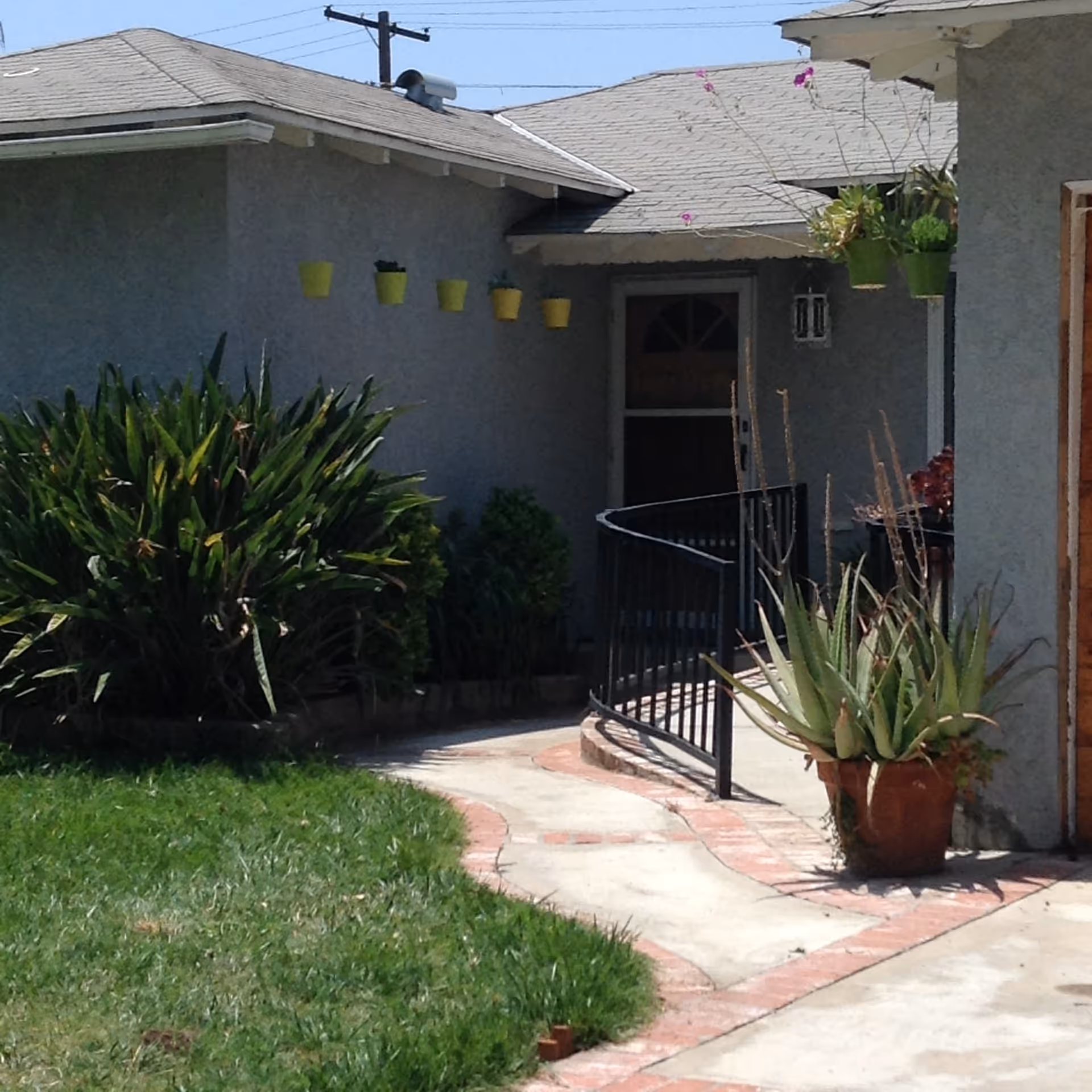 Outdoor view of a seniors living facility showing a pathway with a black handrail leading to a door. The area is surrounded by green plants, including potted succulents and hanging planters on the wall. The building has a gray exterior with a sloped roof.