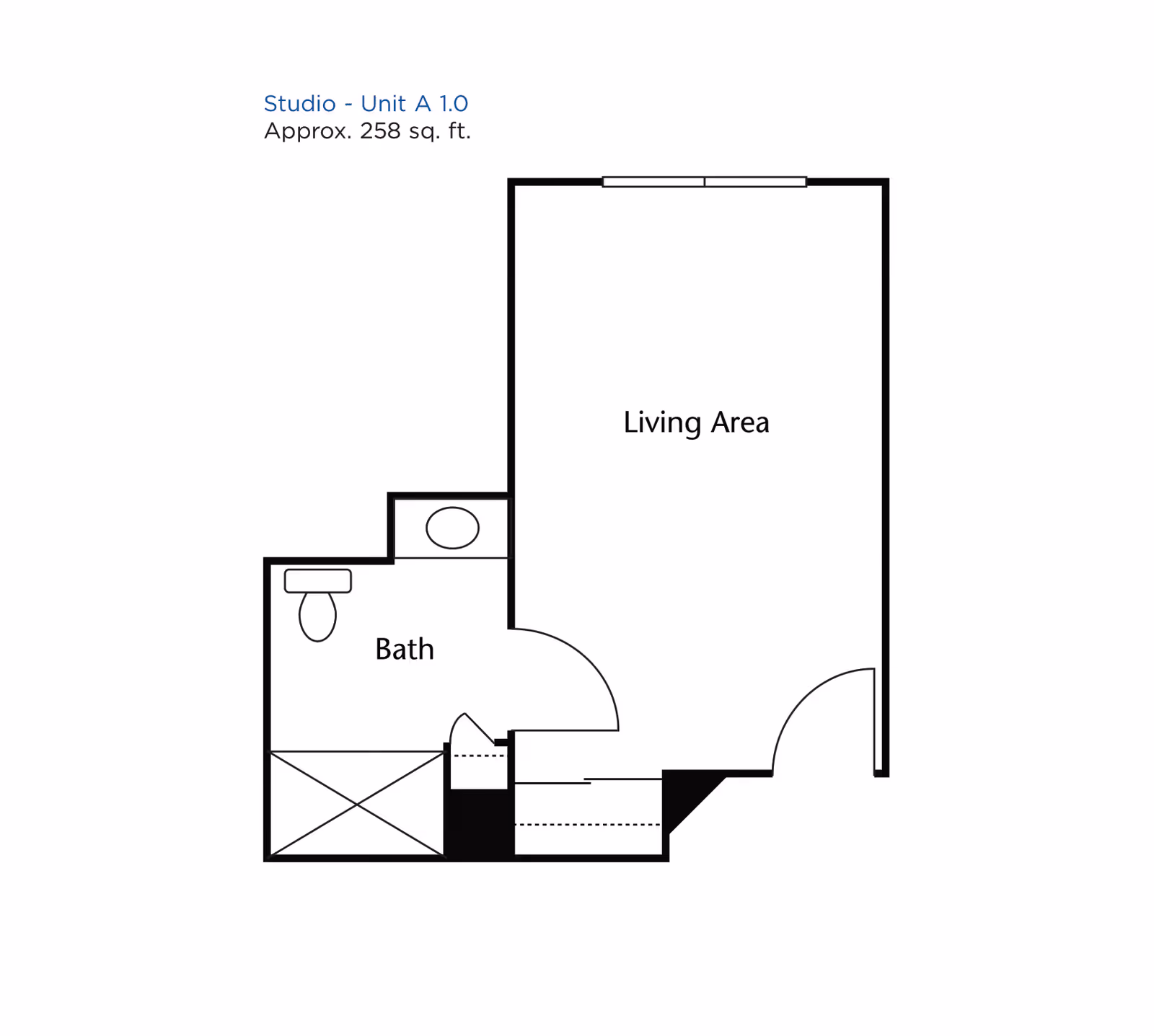Floor plan of a studio unit labeled Unit A 1.0 with approximately 258 square feet. The layout includes a living area and a bathroom with a toilet, sink, and shower.