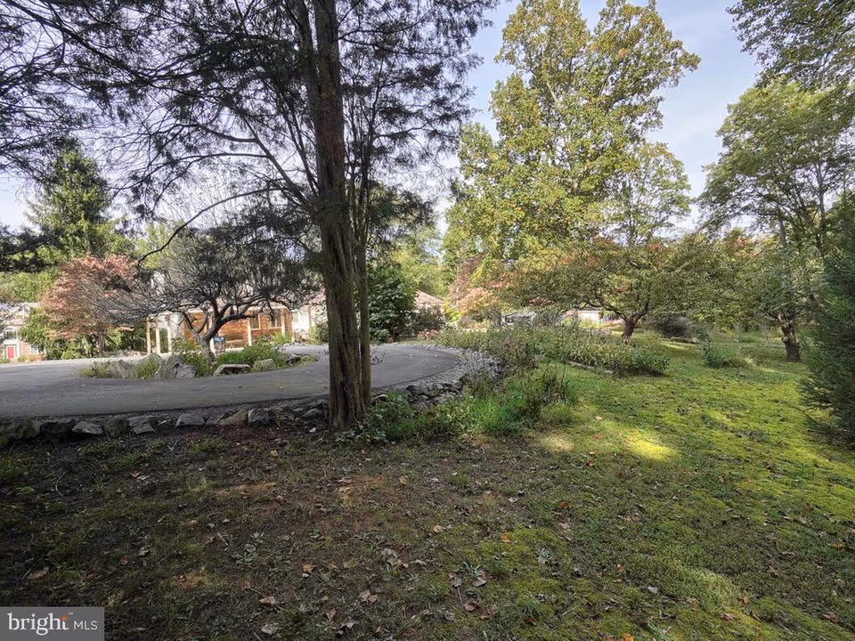 Grassy, tree-filled front yard and circular driveway with landscaping and a partially visible building in the background.