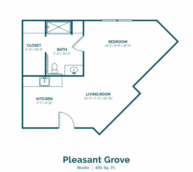 Floor plan of a studio apartment named Pleasant Grove with a total area of 486 square feet. The layout includes a kitchen measuring 7 feet 7 inches by 9 feet 11 inches, a living room measuring 13 feet 4 inches by 7 feet 3 inches by 10 feet 10 inches, a bedroom measuring 14 feet 1 inch by 5 feet 5 inches by 12 feet 4 inches, a bathroom measuring 7 feet by 10 feet 3 inches, and a closet measuring 4 feet by 10 feet 3 inches.
