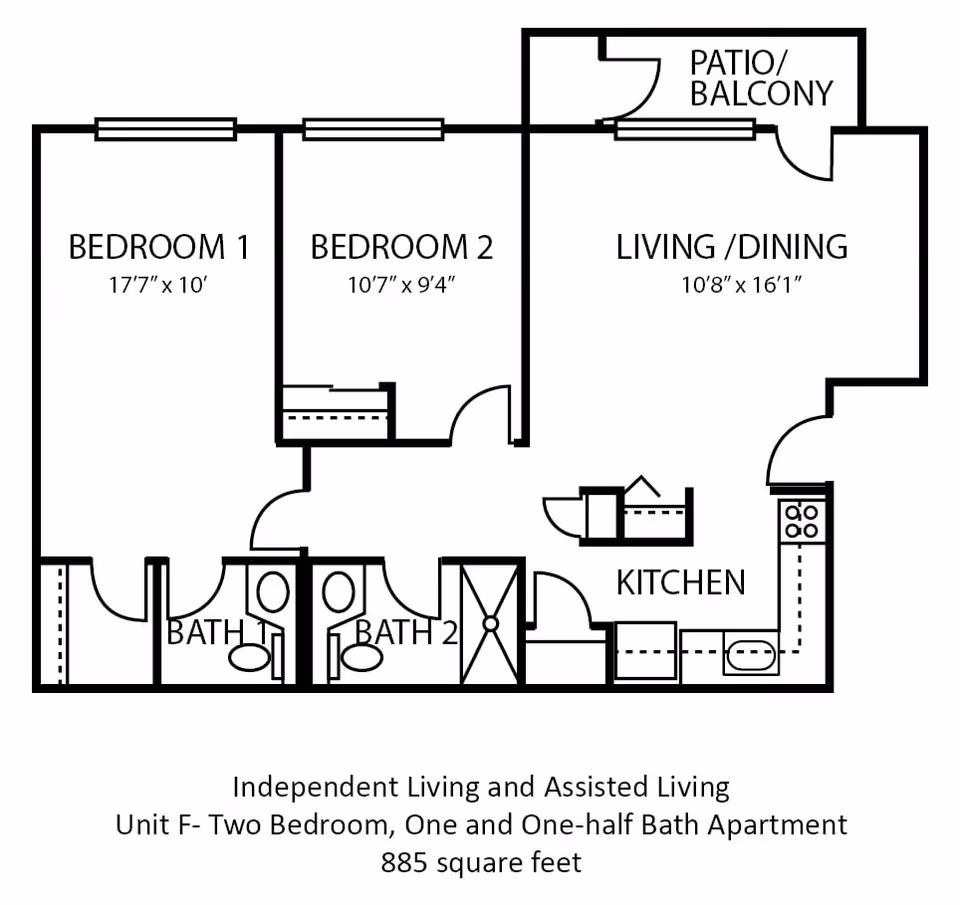 Floor plan of an independent living and assisted living apartment named Unit F at The Amberleigh, featuring two bedrooms, one and one-half bathrooms, a kitchen, a living/dining area, and a patio/balcony. The total area is 885 square feet.