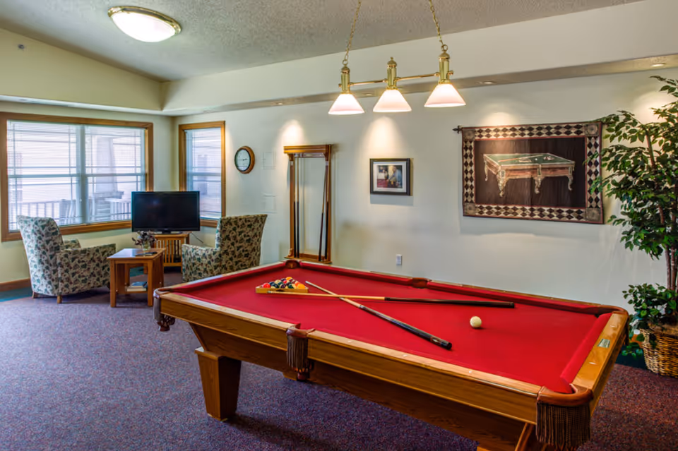 A recreation room featuring a red-felt pool table with cues, a seating area with two armchairs and a TV, wall art, and overhead lighting.