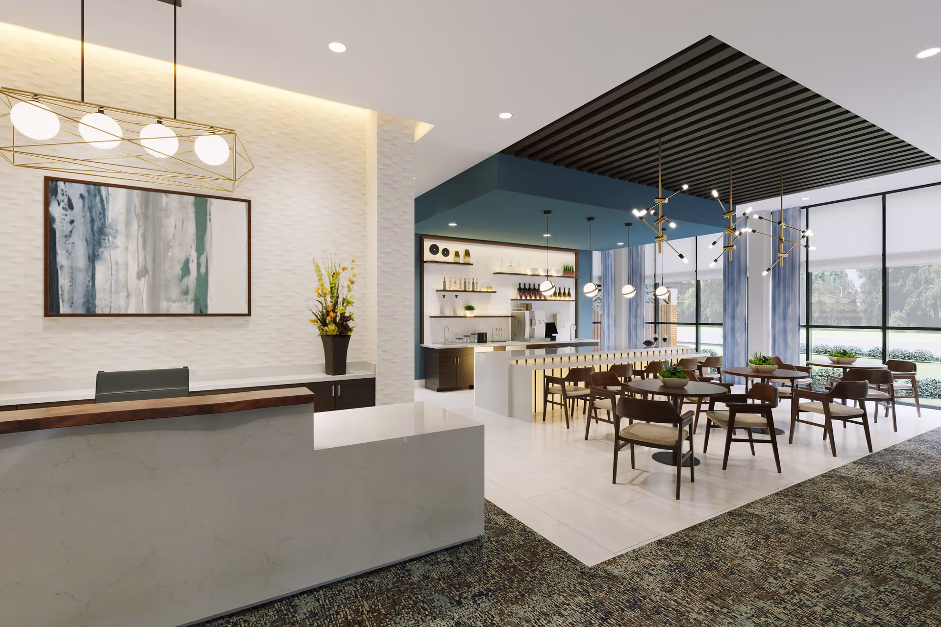 Modern interior of a senior living facility featuring a reception desk with a decorative painting and flower arrangement, adjacent to a dining area with multiple tables and chairs, contemporary lighting fixtures, and large windows allowing natural light.