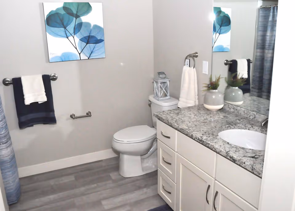 A modern bathroom with a white toilet, a granite countertop with a sink, a large mirror, and white cabinets. There are two towels hanging on silver towel racks, a decorative plant on the countertop, a blue and white shower curtain, and a framed artwork featuring blue leaves on the wall.