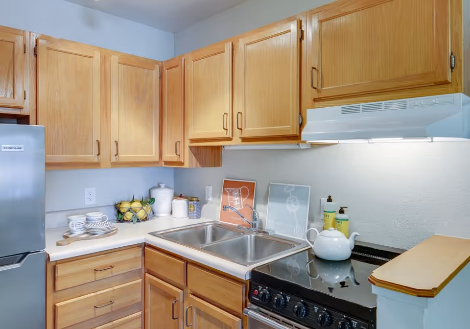 A compact kitchen with wooden cabinets, a stainless steel double sink, a black electric stove with a white teapot on it, a stainless steel refrigerator, and various kitchen items including cups, plates, a fruit basket with lemons, and soap dispensers on the counter.
