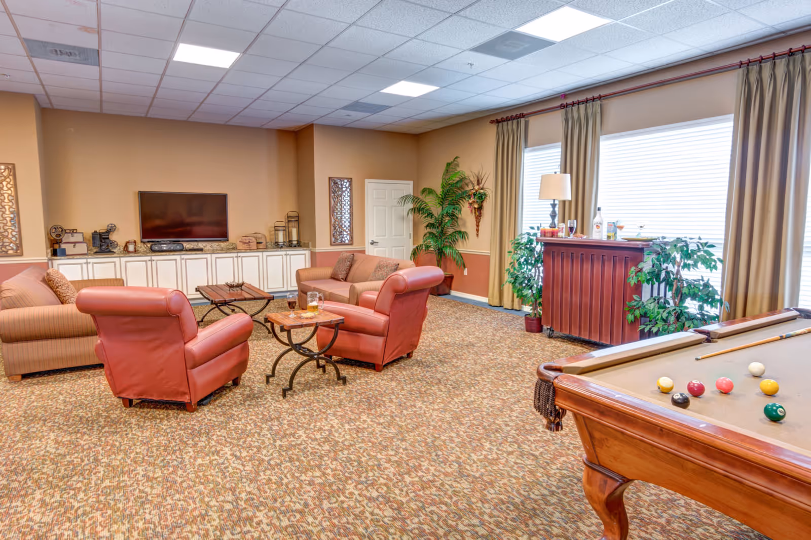 Bright common lounge with leather armchairs, sofas, a TV cabinet, plants, and a pool table.