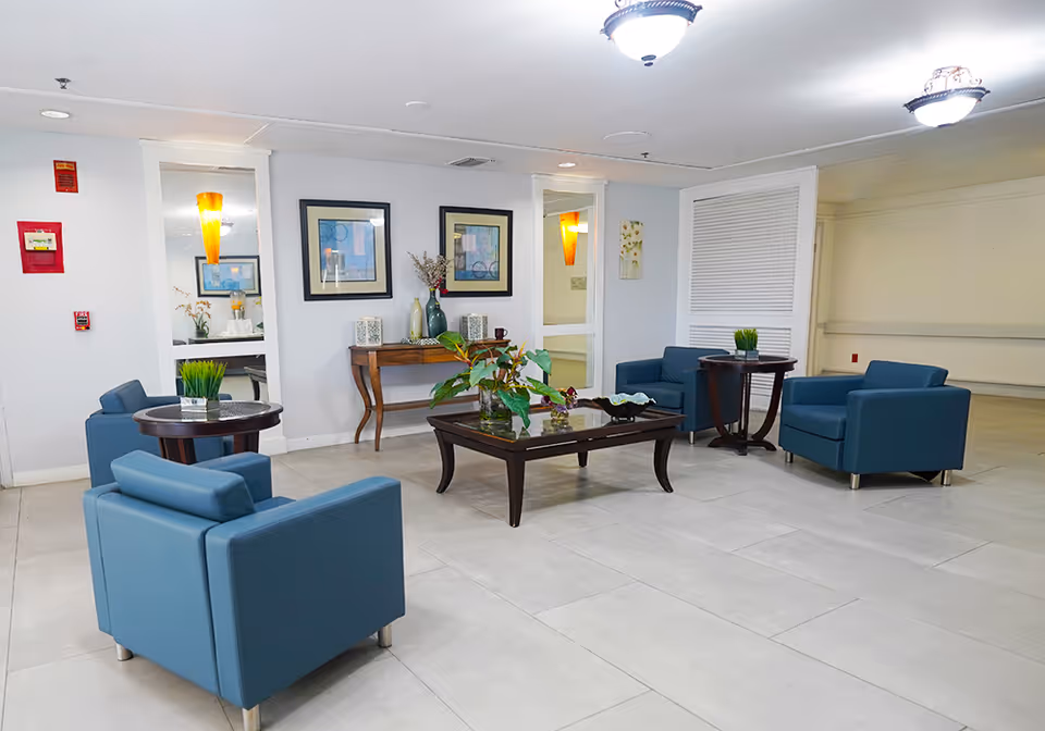 Bright communal lounge with blue armchairs, coffee tables, a central coffee table with plants, and framed artwork on the wall.