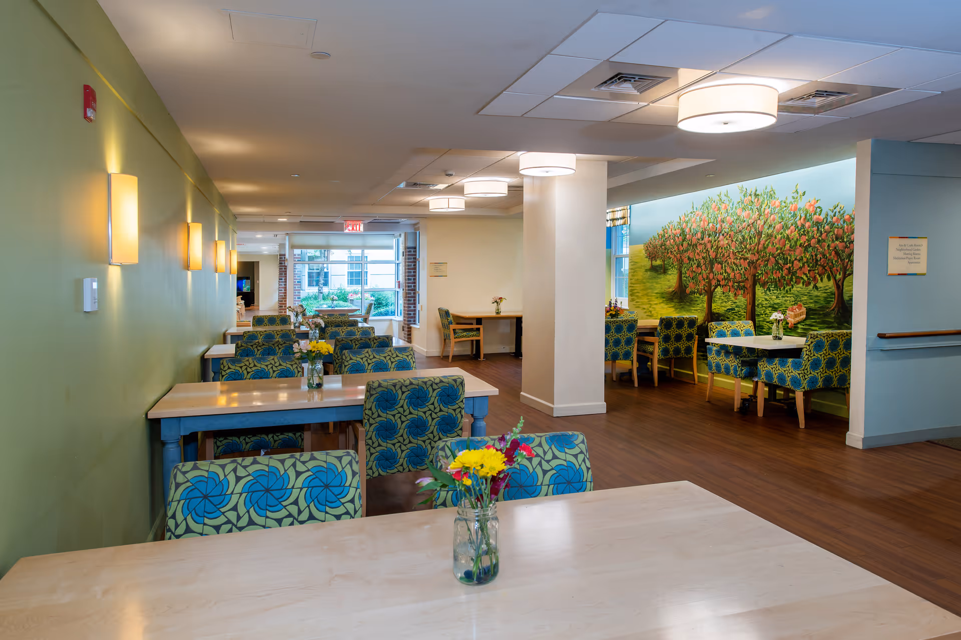 A dining area at Youville Place featuring tables with colorful chairs, a mural of trees on the wall, and natural light coming through large windows.
