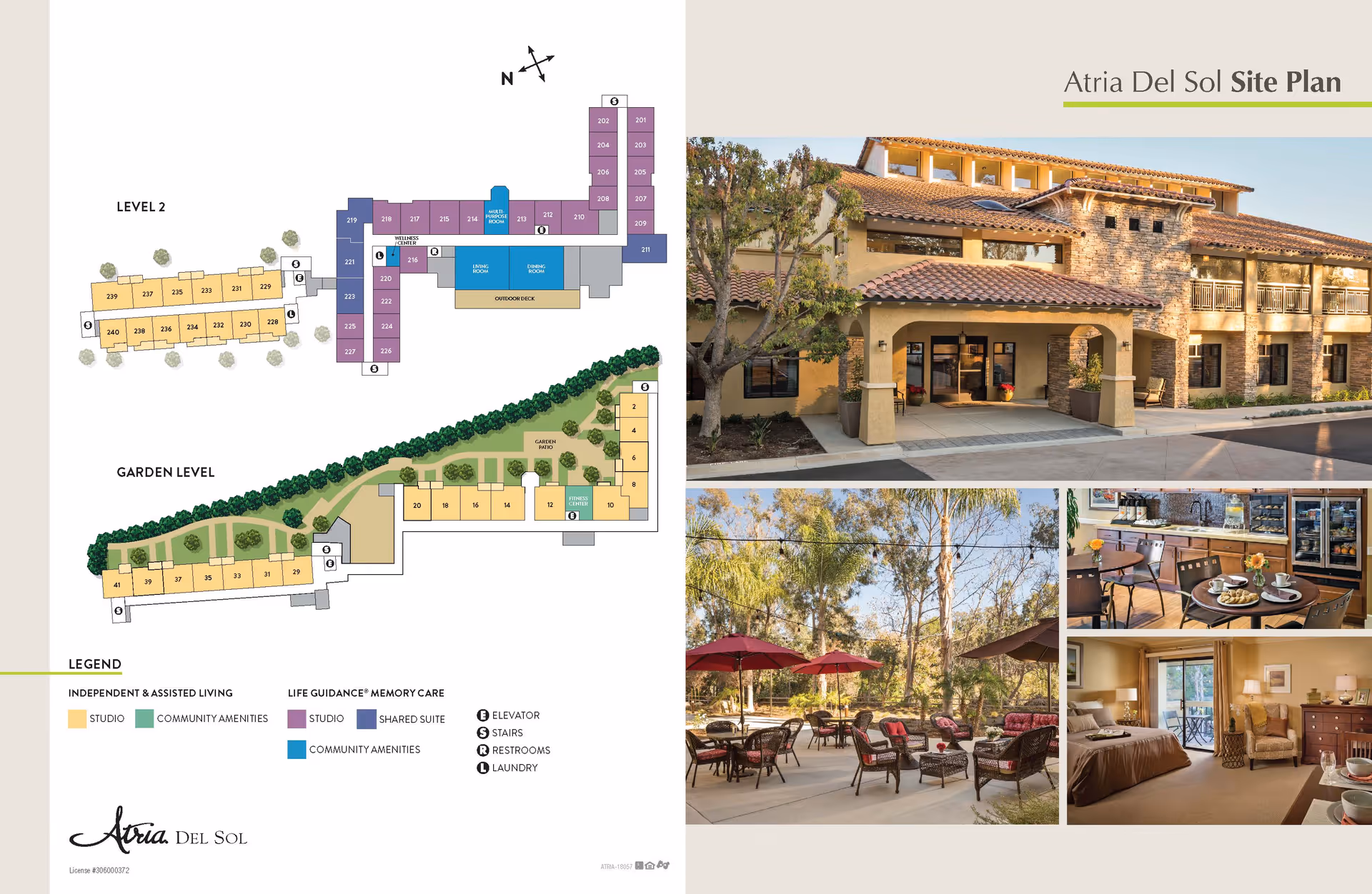 Atria Del Sol site plan showing layout of independent & assisted living and memory care levels, with color-coded sections for studios, community amenities, shared suites, and other facilities. Accompanying photos include the building's front exterior with stone and stucco design, an outdoor patio area with tables and umbrellas surrounded by trees, a dining area with tables set for meals, and a furnished bedroom with a balcony view.