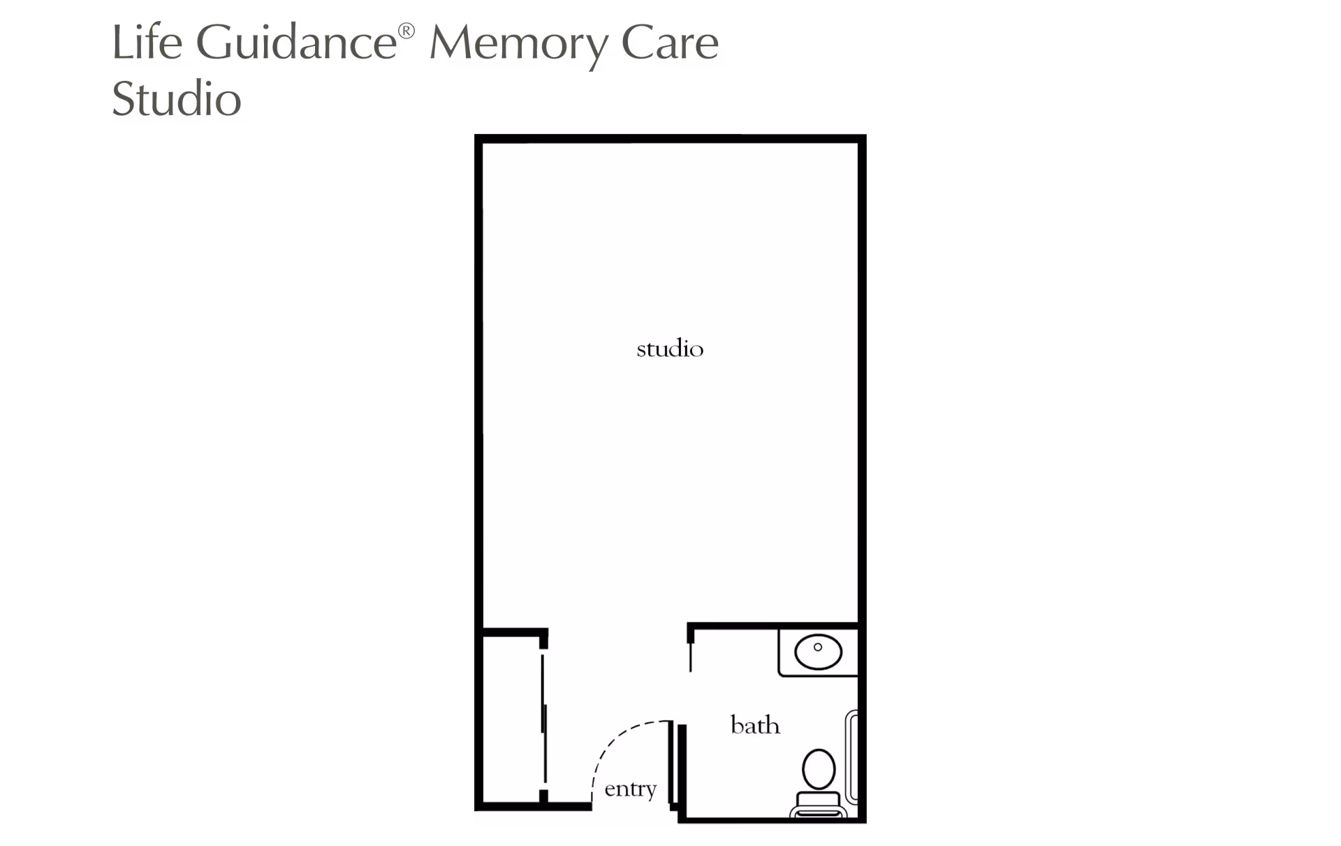 Black-and-white floor plan diagram of a studio apartment labeled 'studio', 'entry', and 'bath'.
