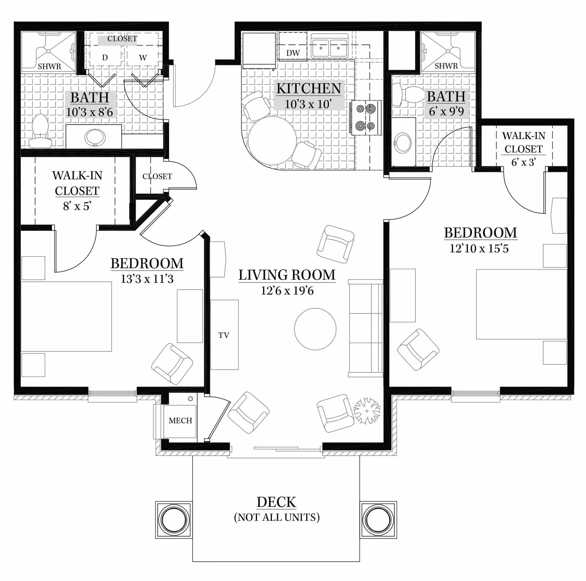 Architectural floor plan of a two-bedroom apartment at Hudson Meadows Retirement Community, showing two bedrooms each with a walk-in closet, two bathrooms with showers, a kitchen with dining area, a living room with furniture, and a deck area labeled as not available in all units.