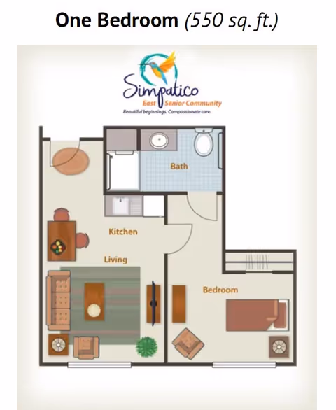 Illustrated one-bedroom floor plan (550 sq. ft.) showing a living area, kitchen, bedroom and bathroom with a Simpatico community logo at the top.
