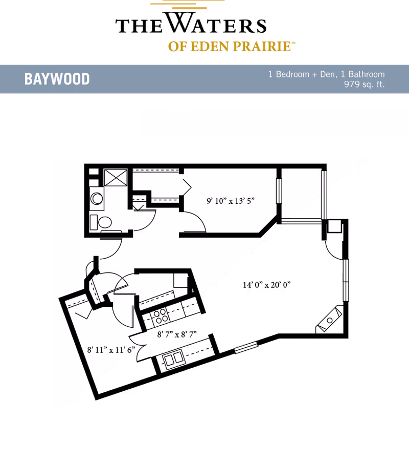 Black-and-white floor plan titled 'Baywood' for The Waters of Eden Prairie showing a one-bedroom-plus-den layout with room dimensions.