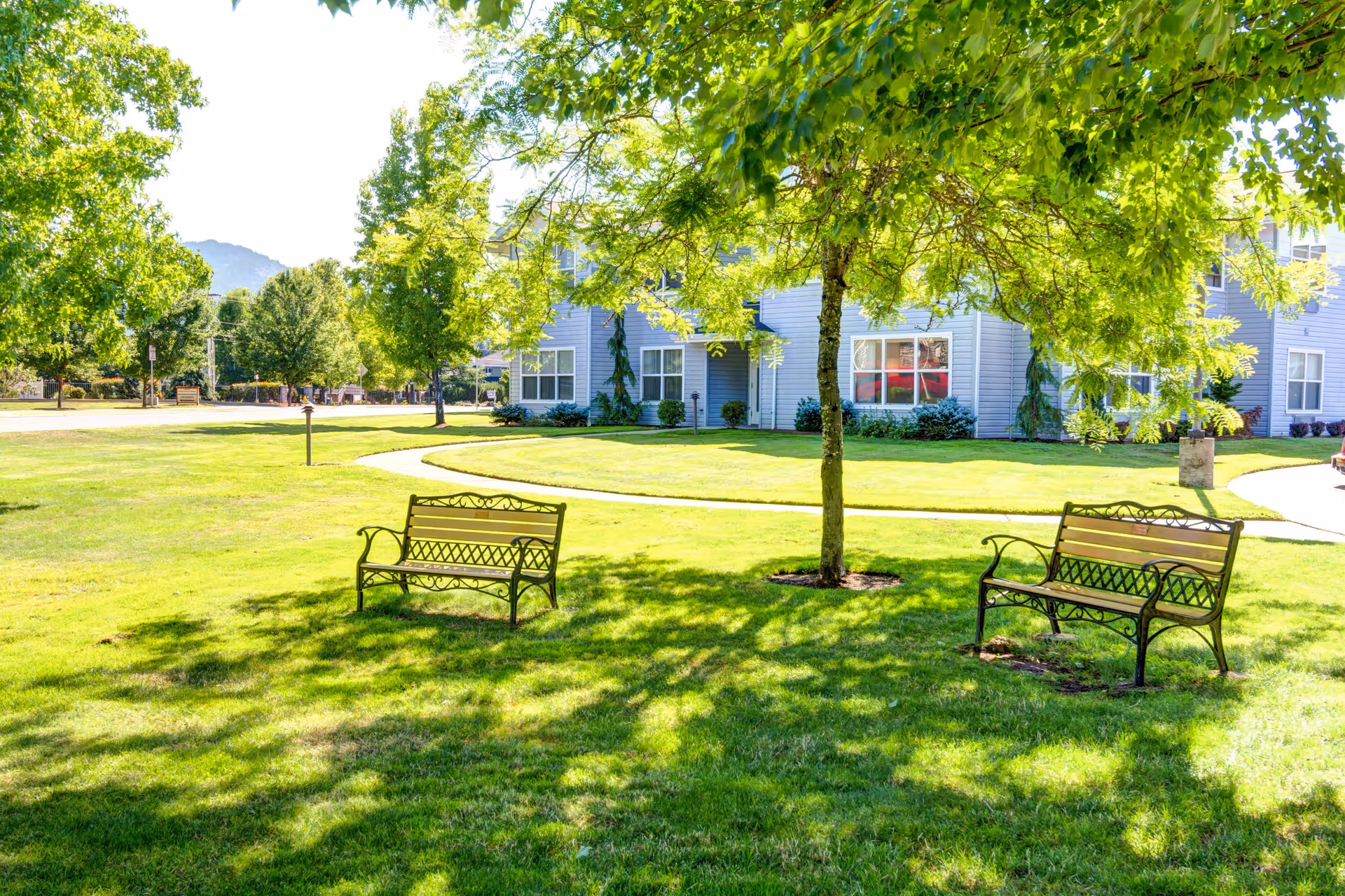 A sunny outdoor garden area with two metal benches on a well-maintained green lawn. A tree provides shade over the benches. In the background, there is a light blue building with multiple windows and a curved walkway leading to the entrance. Additional trees and a mountain are visible in the distance.