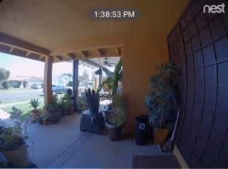 Covered outdoor patio area with several potted plants, two chairs, and a view of a residential street with houses and lawns in the background. The image is taken from a security camera with a timestamp and the Nest logo visible.