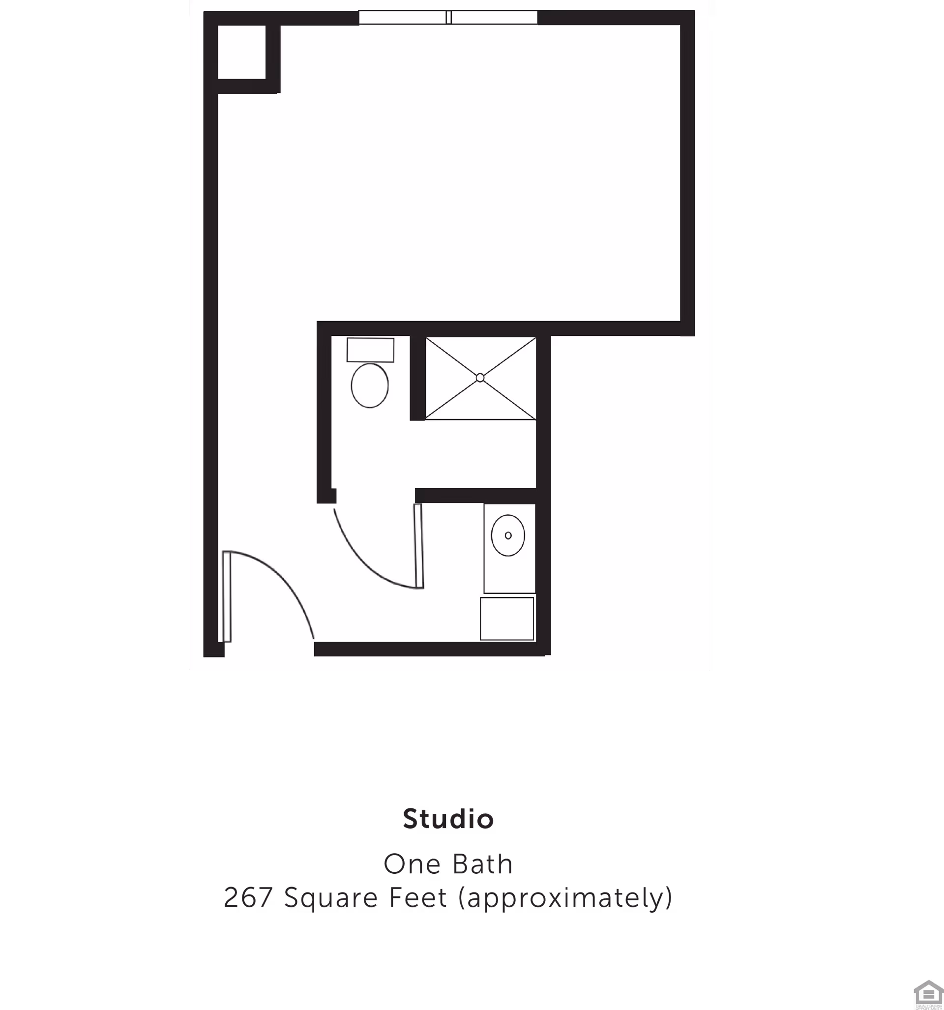 Floor plan of a studio apartment with one bathroom, approximately 267 square feet. The layout shows an entry door leading into the main living area, with a bathroom that includes a toilet, shower, and sink.