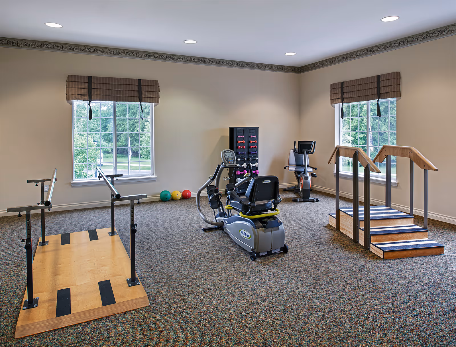 A well-lit exercise room with two large windows showing greenery outside. The room contains a recumbent exercise bike, a stationary bike, a set of parallel bars for walking exercises, a wooden staircase with handrails for step training, a rack of various dumbbells, and several colorful exercise balls on the floor.