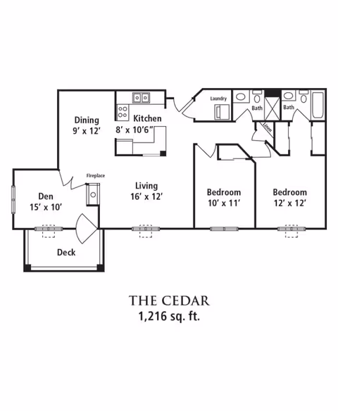 Floor plan of The Cedar apartment with 1,216 square feet, featuring a den with a deck, dining area, kitchen, living room with fireplace, two bedrooms, two bathrooms, laundry area, and linen closet.