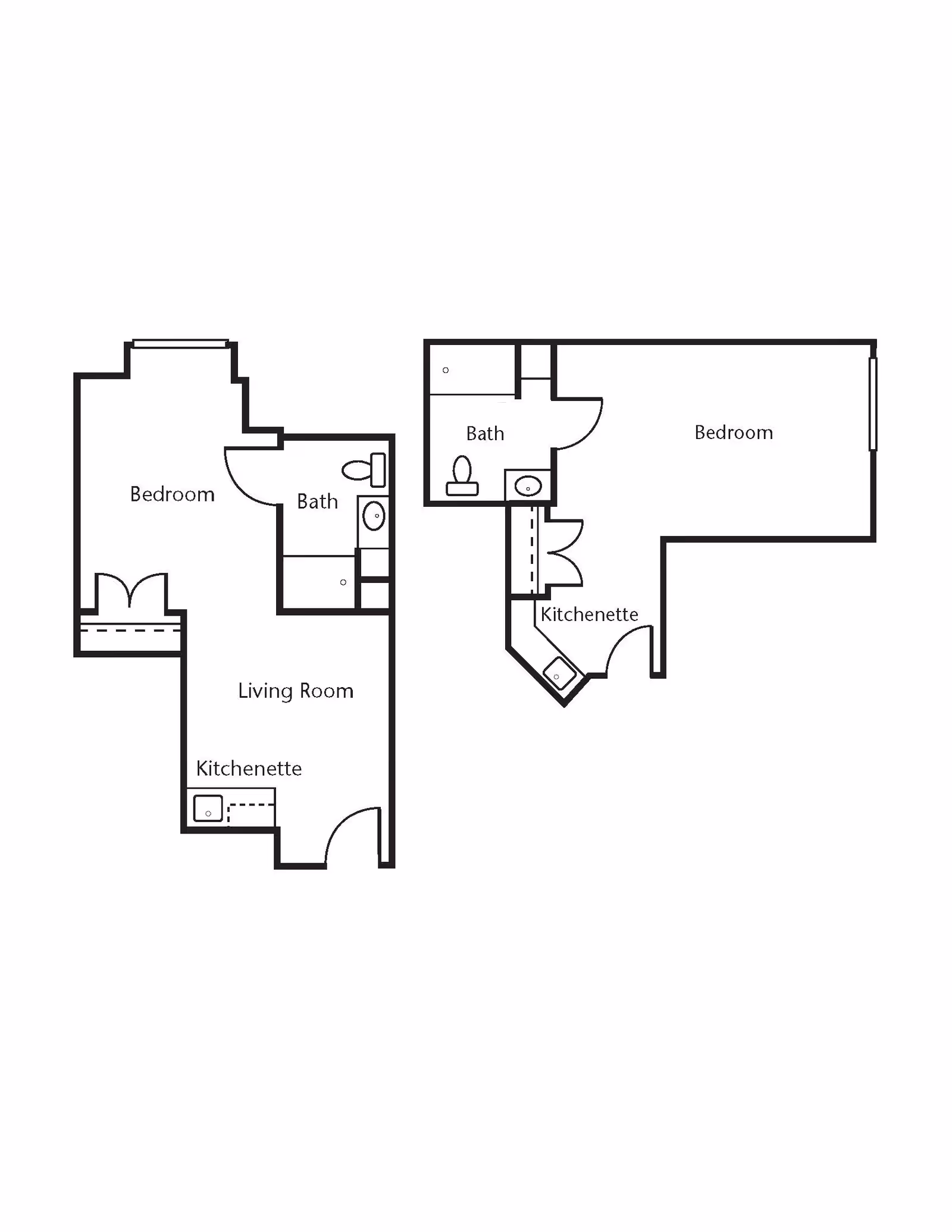Architectural floor plan showing two separate apartment layouts. Each layout includes a bedroom, bath, and kitchenette. One layout also includes a living room area.