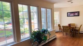 A bright dining area with large windows letting in natural light, a round dining table with chairs, a plant near the windows, and a framed picture on the wall.
