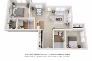 3D floor plan of a residential unit featuring two bedrooms, two bathrooms, a living room, a dining area, and a kitchen. The layout shows furniture placement including beds, sofas, dining table, and kitchen appliances.