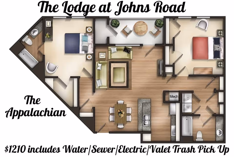 Floor plan of The Appalachian apartment at The Lodge at Johns Road, showing two bedrooms, two bathrooms, a living room, dining area, kitchen, laundry area, and a balcony with outdoor seating.