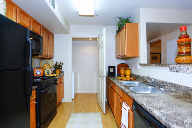 Galley kitchen with wooden cabinets, black appliances, a double sink and decorative items on the countertops.