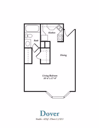 Floor plan of a studio apartment named Dover at Tealridge Assisted Living and Memory Care, featuring a combined living and bedroom area measuring 10 feet 6 inches by 17 feet, a kitchen, a dining area, and a bathroom with a bathtub and toilet.