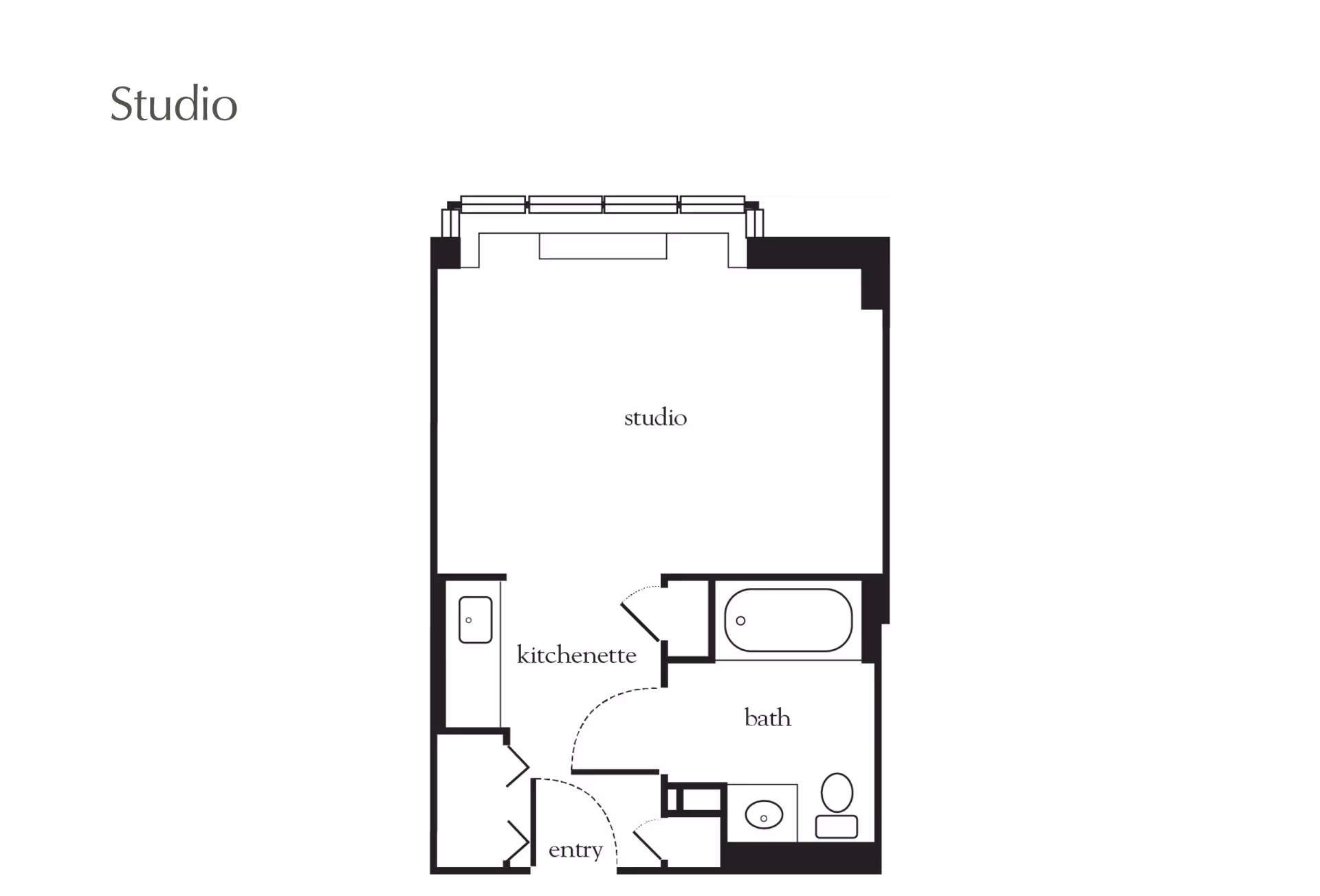 Floor plan of a studio apartment at Atria Forest Hills showing an entry area leading to a kitchenette, a bathroom with a bathtub, toilet, and sink, and a large studio living space with windows on one side.