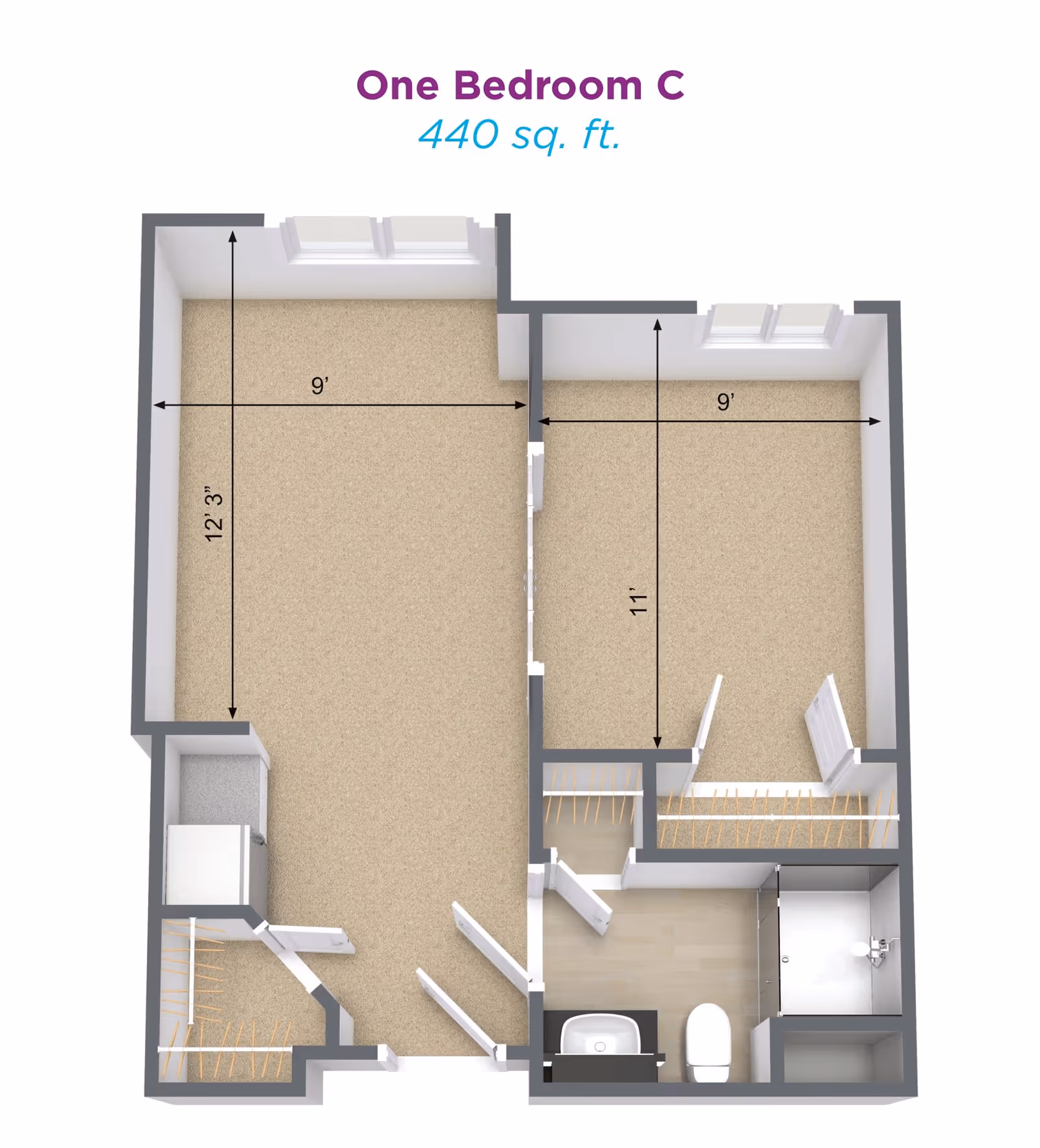 3D floor plan of a one-bedroom apartment labeled 'One Bedroom C' with 440 square feet. The layout shows a living area measuring 9 feet by 12 feet 3 inches, a bedroom measuring 9 feet by 11 feet, a bathroom with a sink, toilet, and shower, and closet spaces. The flooring is a mix of carpet and wood-like material.