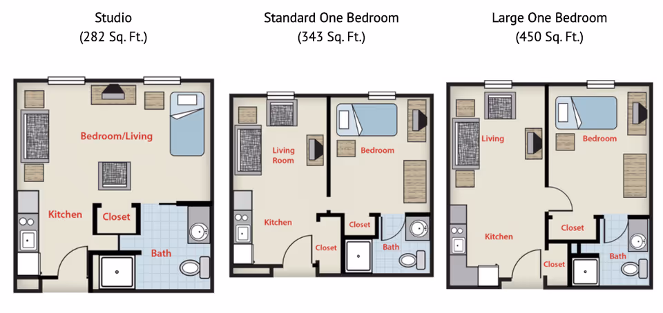 Three apartment floor plans labeled Studio (282 Sq. Ft.), Standard One Bedroom (343 Sq. Ft.), and Large One Bedroom (450 Sq. Ft.).